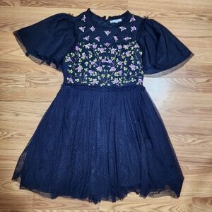 Ivy City Co Black Primrose Short Flutter Sleeve Tulle Dress Size M Beaded Accent